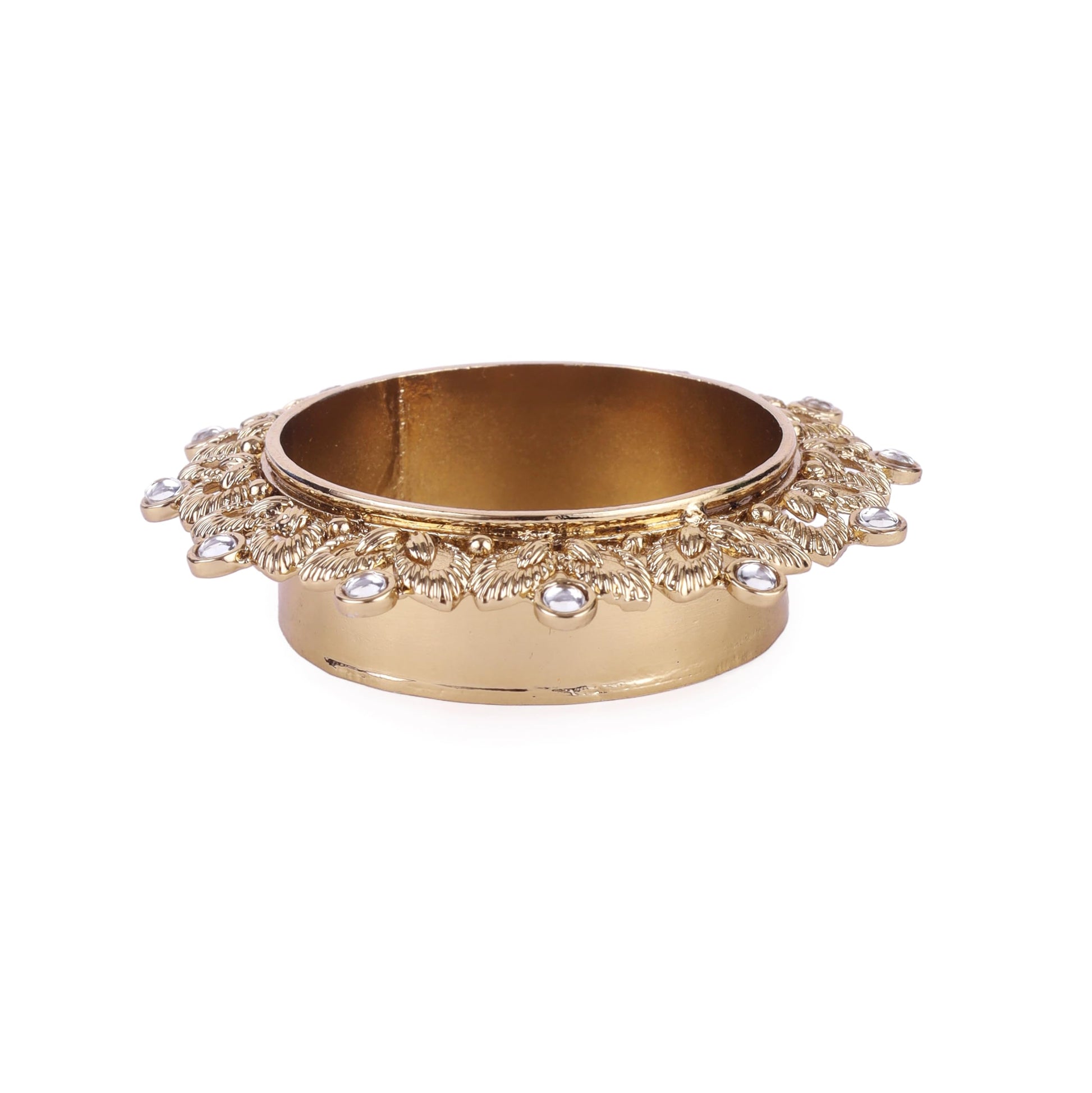 Saloni Fashion Jewellery Traditional Classy Leaf and Round Shape Brass Gold Plated White Stone Festival Decorative Deep / Diya