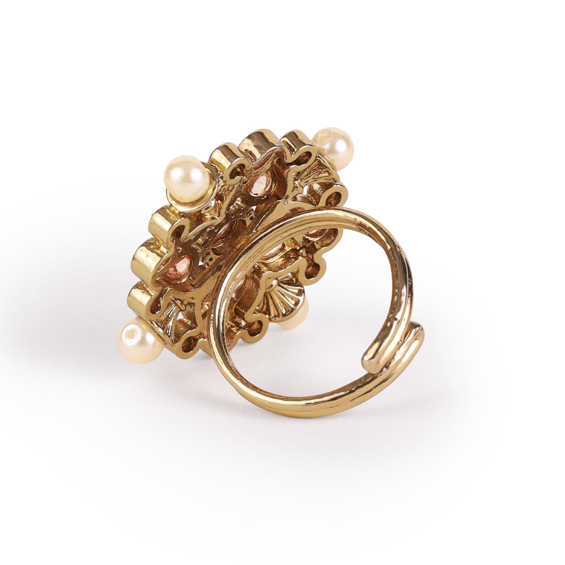 Saloni Fashion Jewellery Round and Flower Design Gold Plated Brass Adjustable Finger Ring For Women