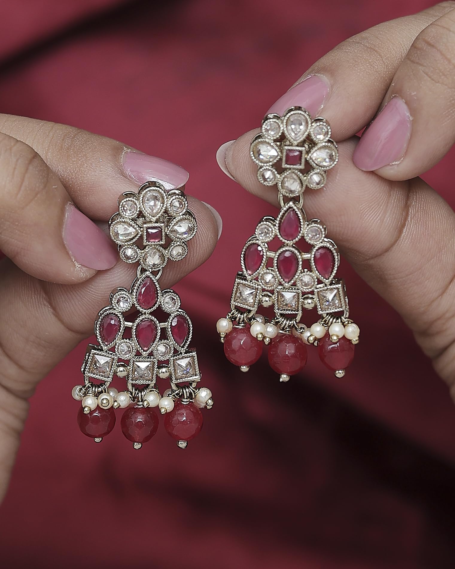 Saloni Fashion Jewellery Brilliant Pear and Round Shape Gold Plated Ruby Kundan Stone Dangle Earring For Women and Girls
