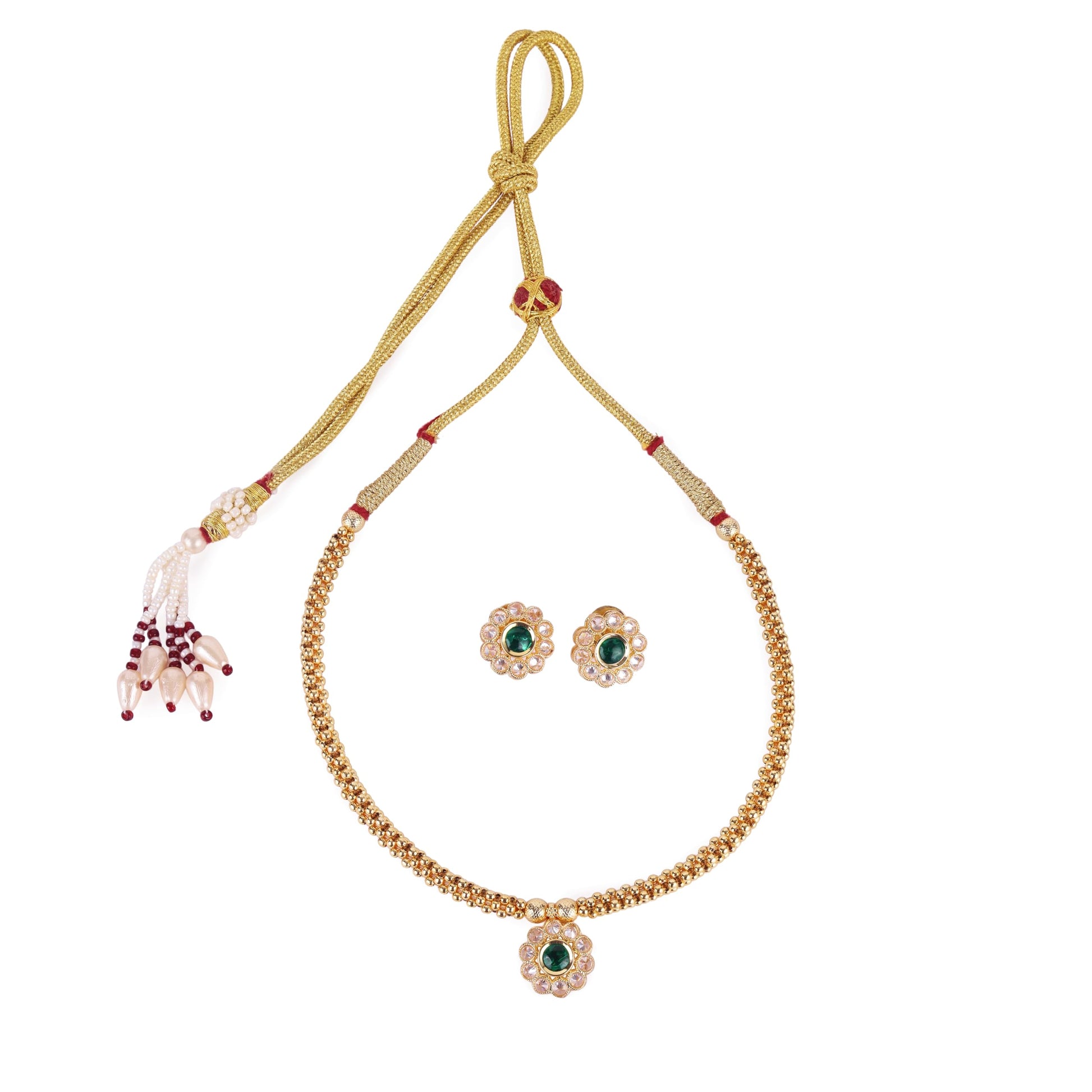 Saloni Fashion Jewellery Traditional Round Shape Golden Balls Green Stone Gold Plated Choker Necklace Set For Women
