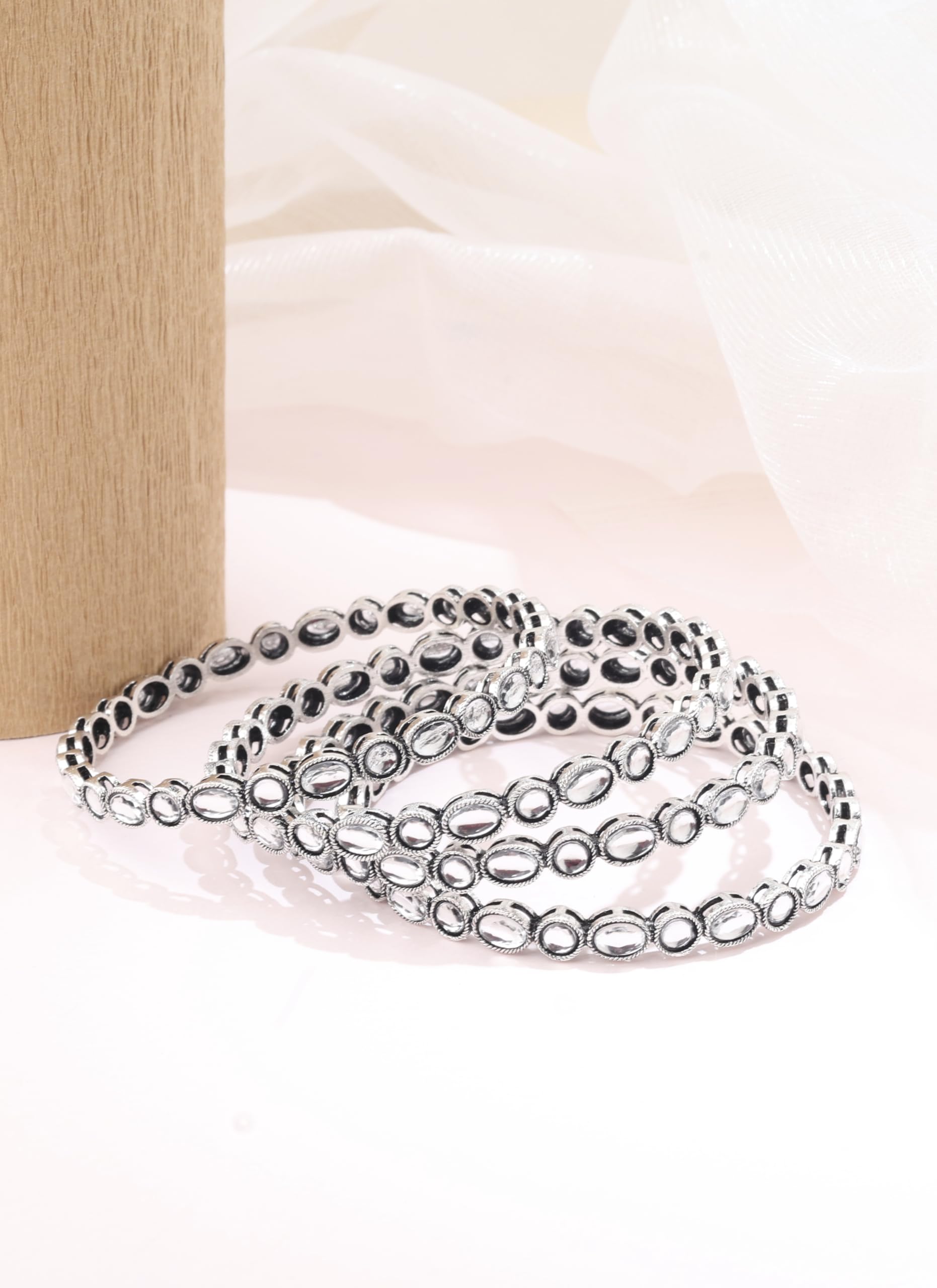 Saloni Fashion Jewellery Trendy Round Shape White Kundan Stone Silver Plated Set Of 4 Bangle Set For Women and Girls