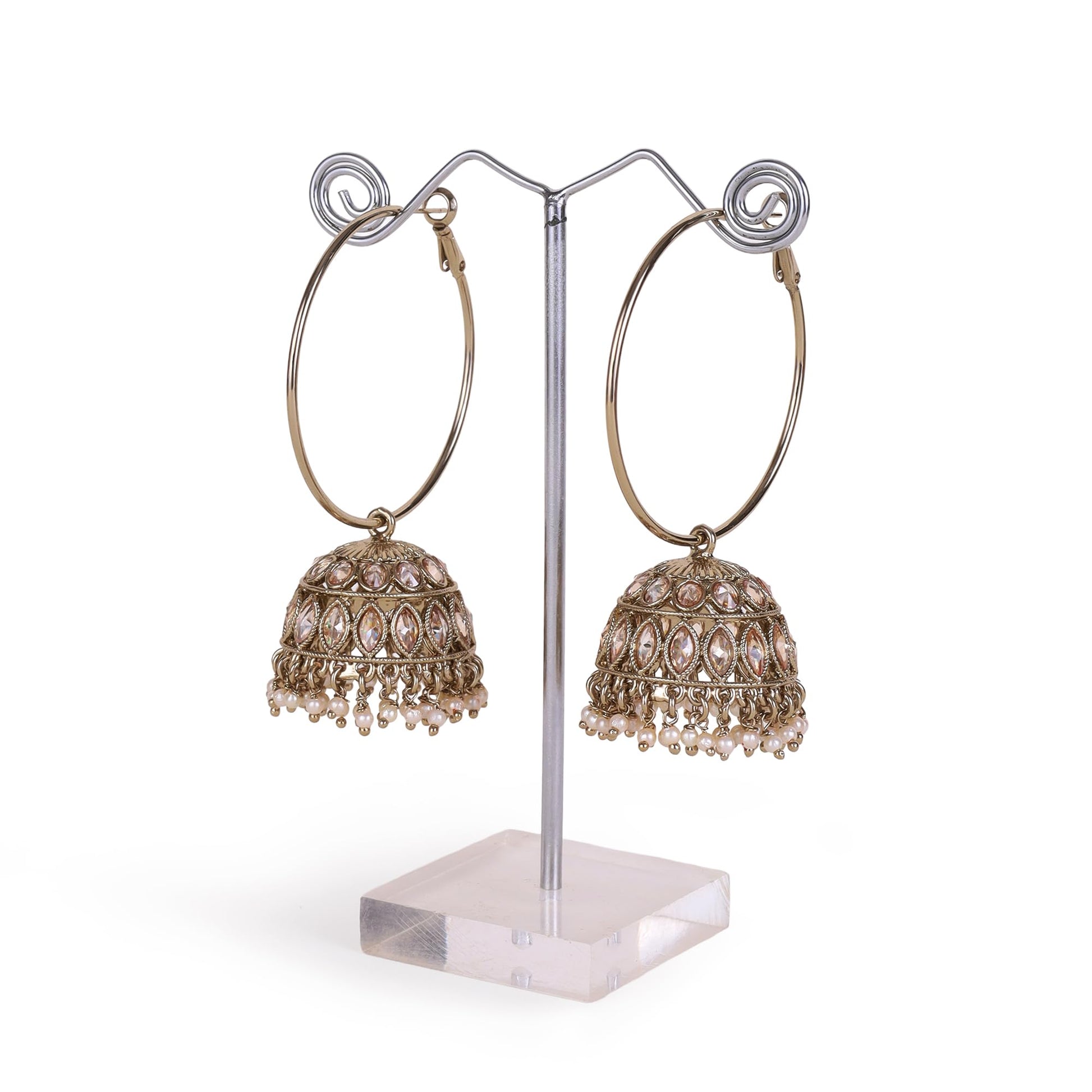 Saloni Fashion Jewellery Brown Stone and Pearl Gold Plated Brass Jhumki Earring For Women