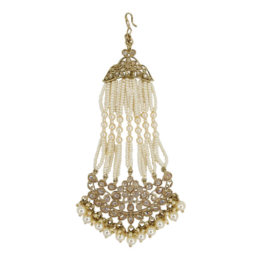 Saloni Fashion Jewellery Lovely Flower and Oval Shape Gold Plated Lariat Pearl Brown Kundan Stone Passa/Matha Patti For Women and Girls