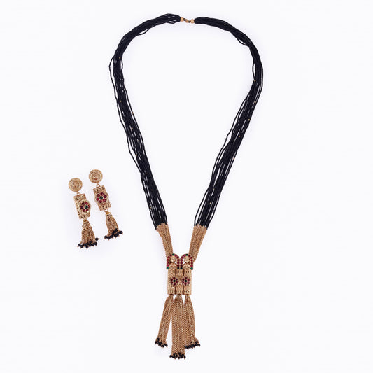 Saloni Fashion Jewellery Traditional Temple and Flower Design Black Bead Gold Plated Long Bead Chain Mangalsutra Set For Women
