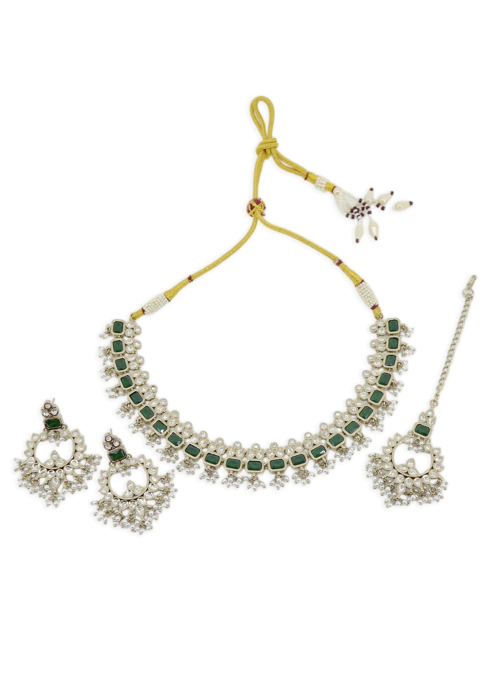 Saloni Fashion Jewellery Superb Leaf and Sqaure Shape Green Kundan Stone Pearl Antique Gold Plated Choker Brass Necklace With Maang Tikka For Women and Girls