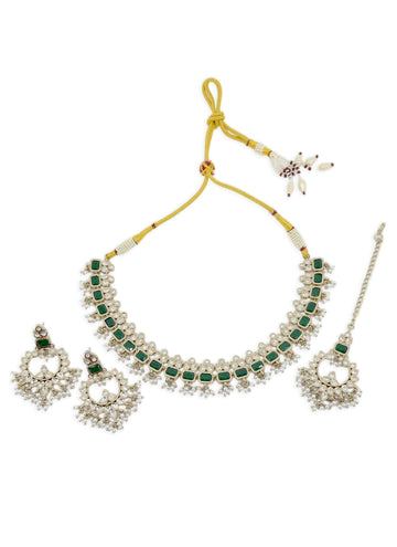 Saloni Fashion Jewellery Superb Leaf and Sqaure Shape Green Kundan Stone Pearl Antique Gold Plated Choker Brass Necklace With Maang Tikka For Women and Girls