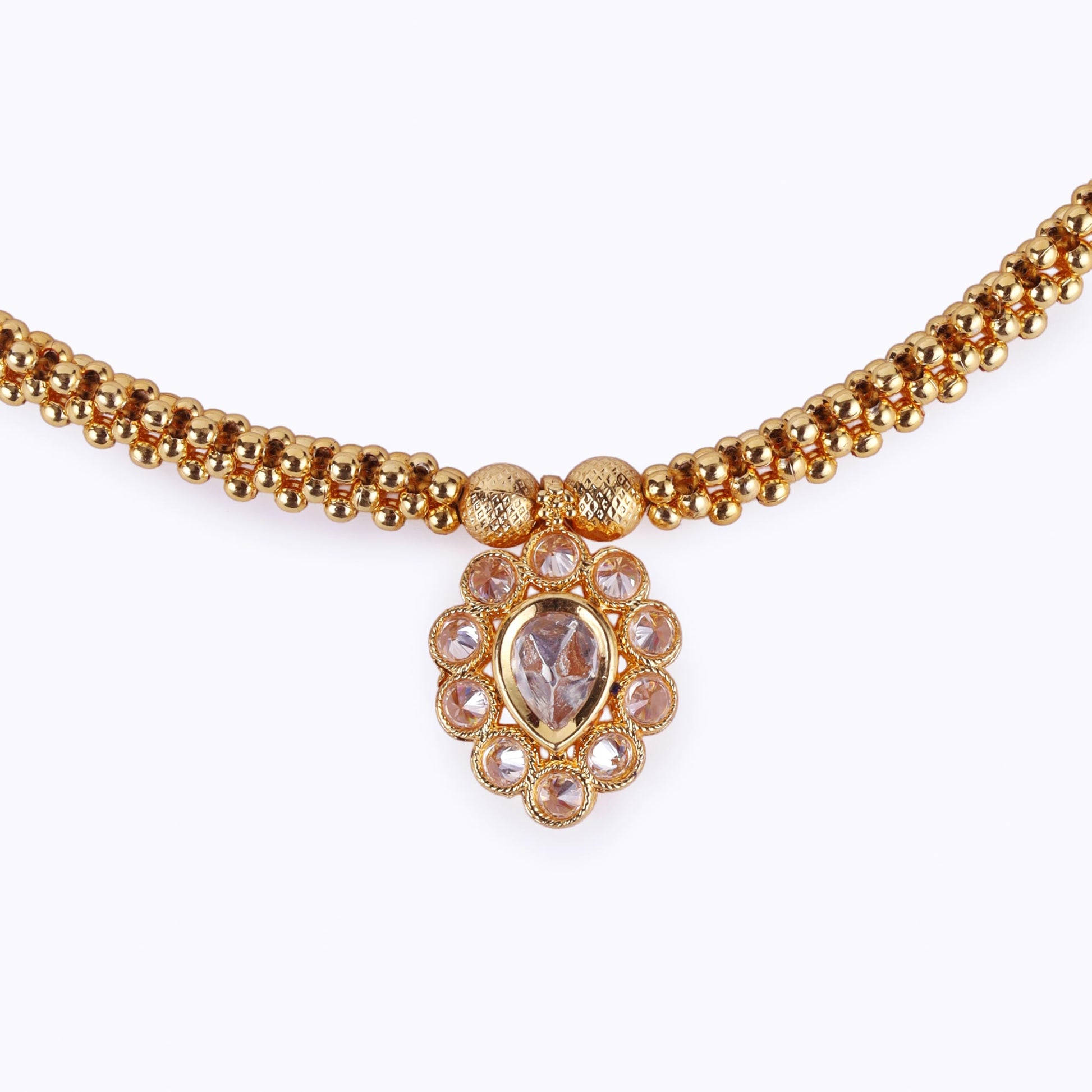 Saloni Fashion Jewellery Traditional Oval Shape Golden Balls White Stone Gold Plated Necklace Set For Women
