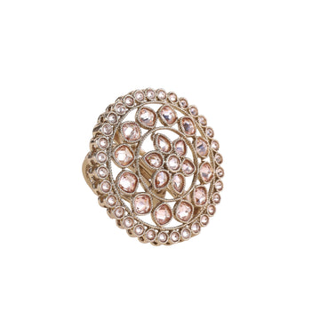 Saloni Fashion Jewellery Round and Flower Design Gold Plated Brass Adjustable Finger Ring For Women