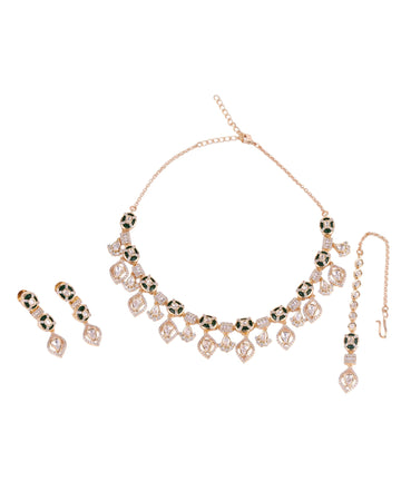 Saloni Fashion Jewellery Modish Round and Square Shape CZ Studded Uncut Kundan Stone Rose Gold Plated Brass Choker Necklace Set with Maang Tikkka For Women and Girls