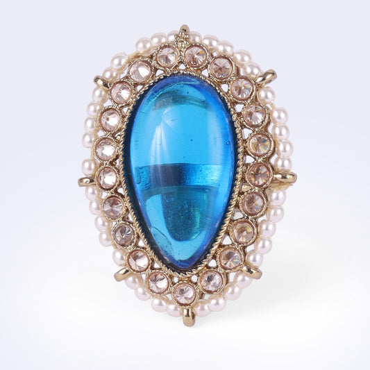 Saloni Fashion Jewellery Splendid Oval Shape Center Blue Stone Gold Plated Adjustable Finger Ring For Women