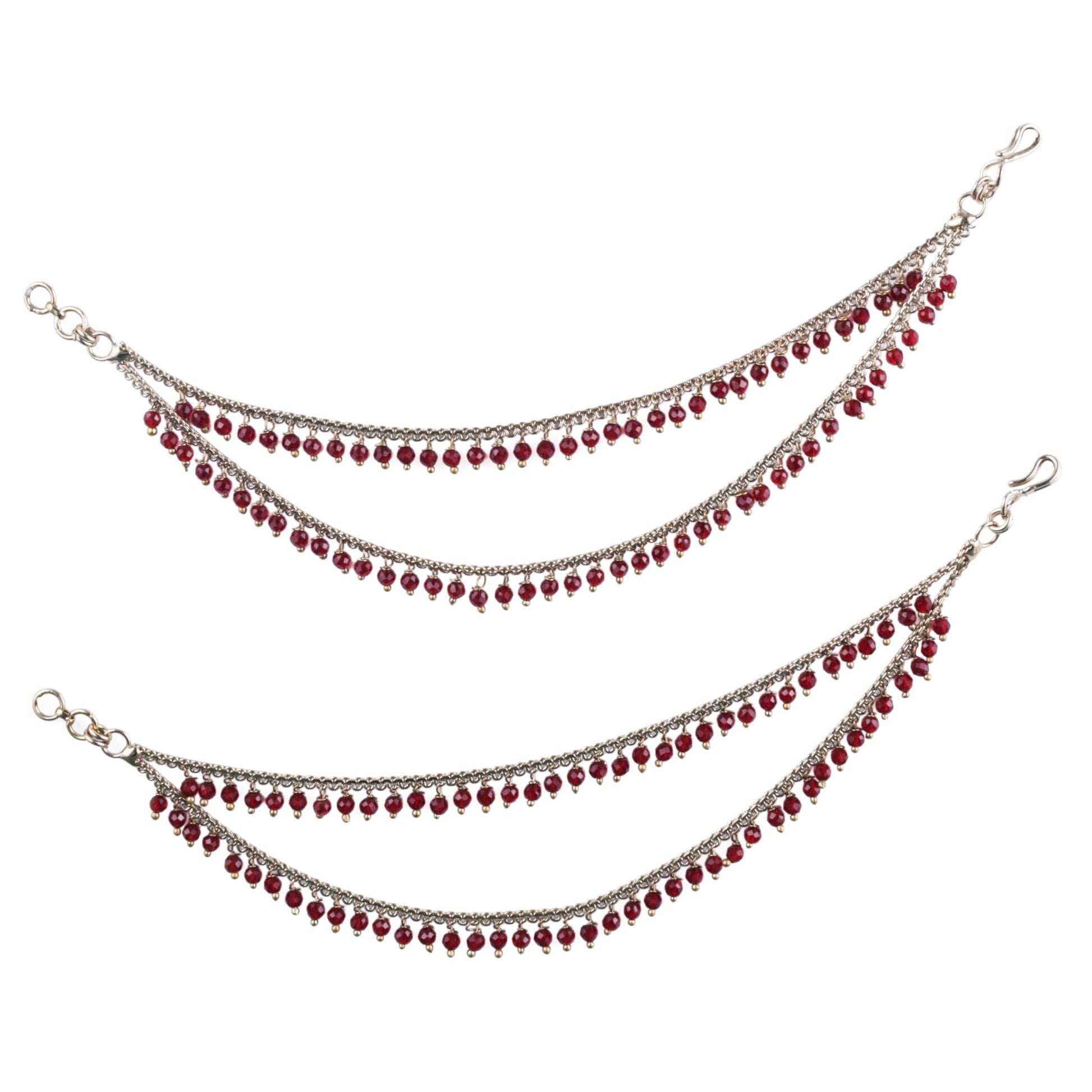 Saloni Fashion Jewellery Dazzling 2 String Maroon Pearl Gold Plated Set Of 2 Brass Ear-Chain (Kaanchain) For Women and Girls