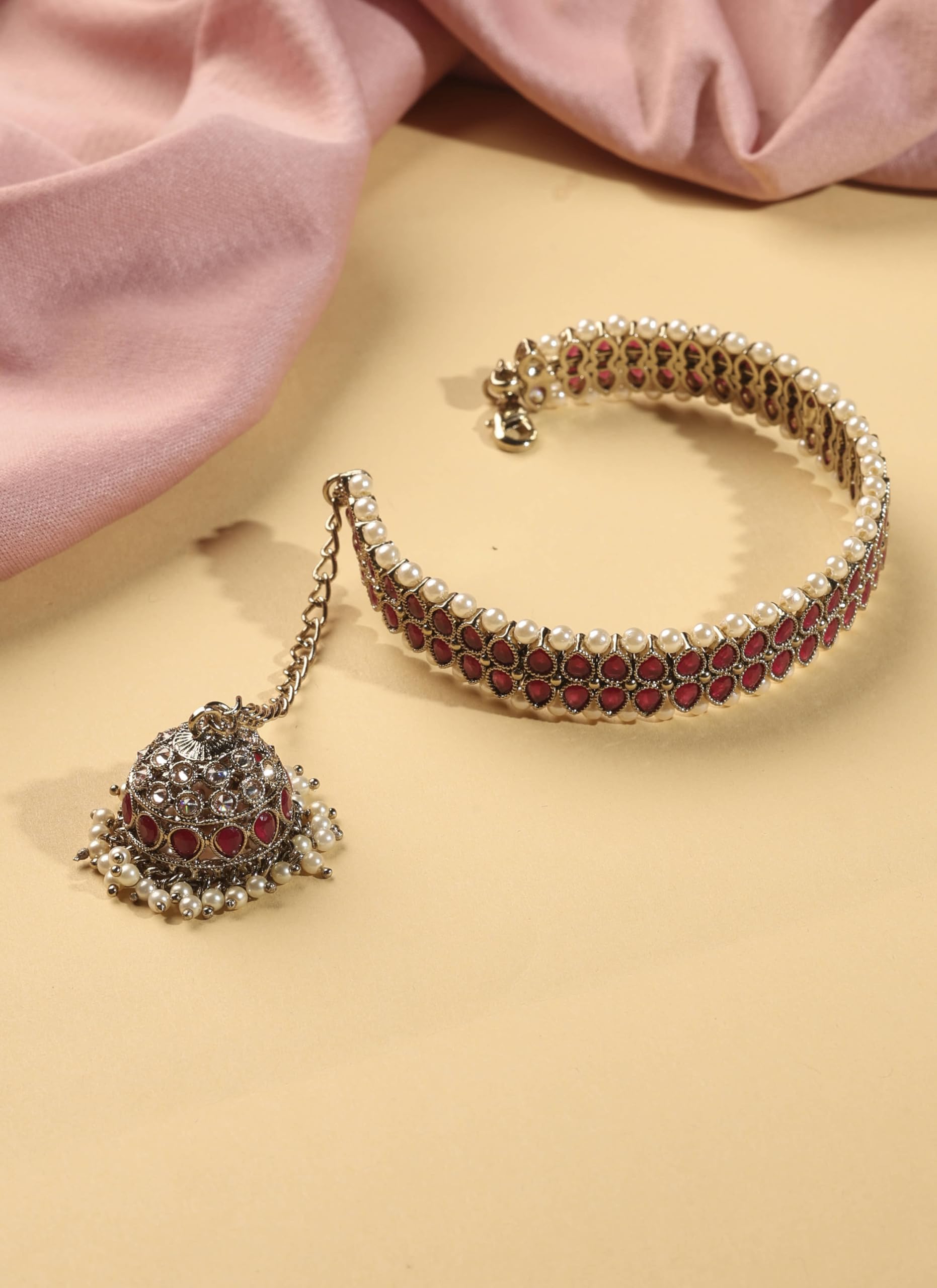 Saloni Fashion Jewellery Delightful Circle Shape and Pearl with Chain Jhumki Ruby Kundan Stone Antique Gold Plated Openable Bracelet For Women and Girls