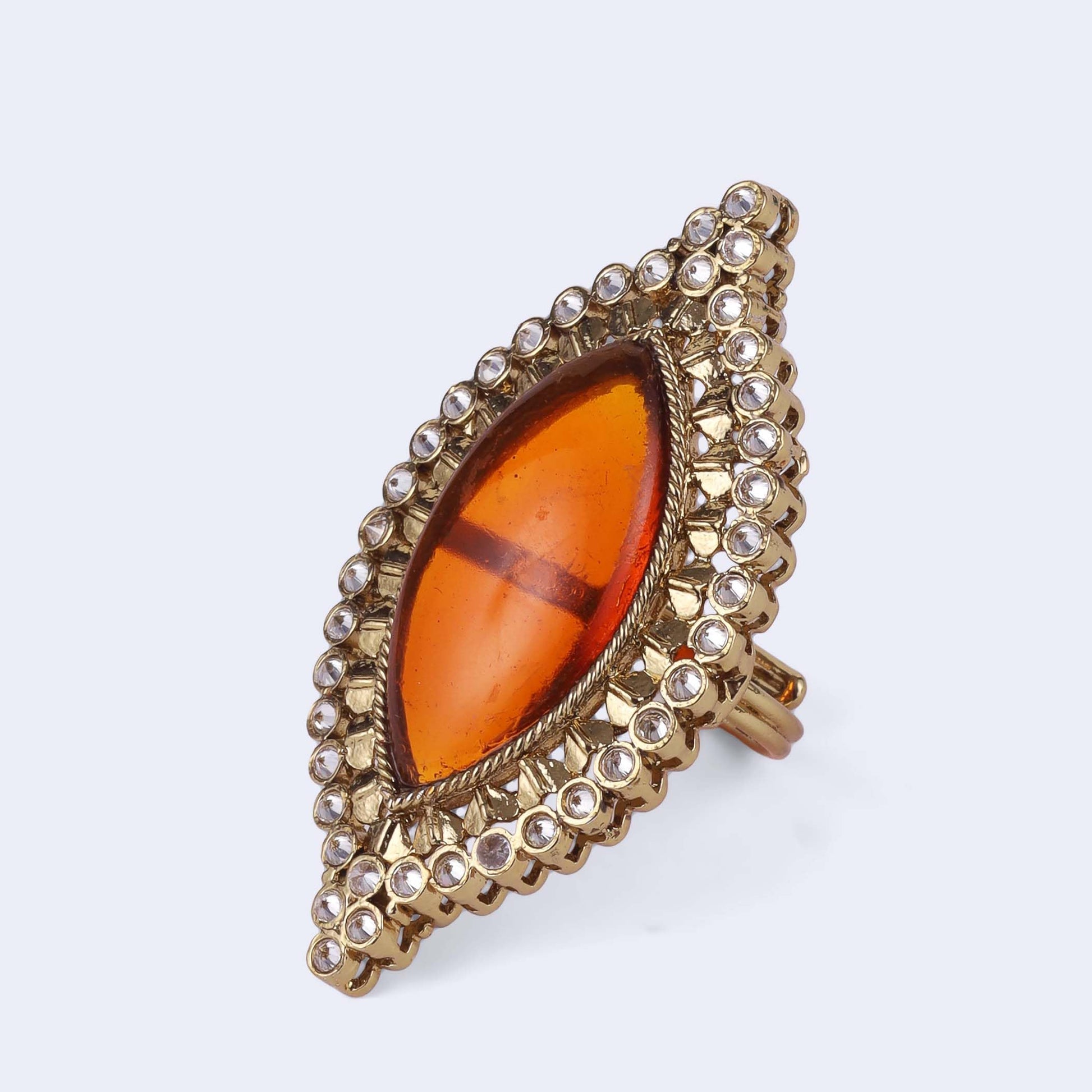 Saloni Fashion Jewellery Glamorous Oval Shape Center Orange Stone Gold Plated Adjustable Finger Ring For Women