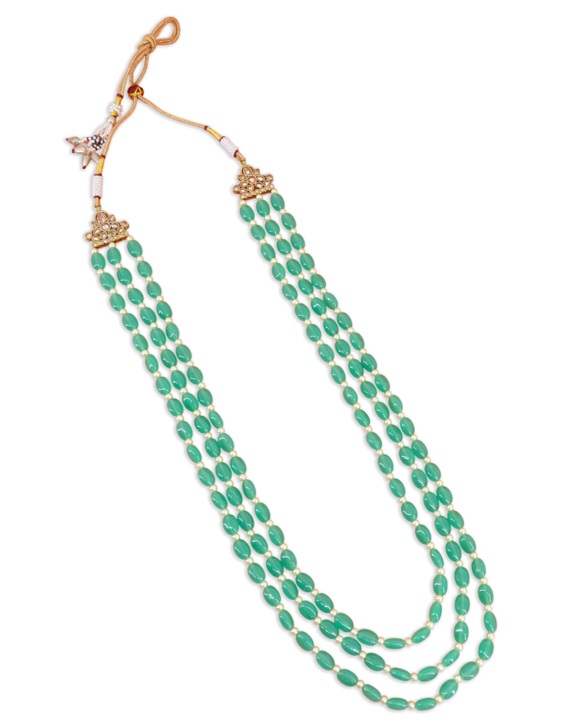 Saloni Fashion Jewellery Modern Green Mother of Pearls 3 Layered Gold Plated Long Haram Necklace Pearl Mala For Women and Girls