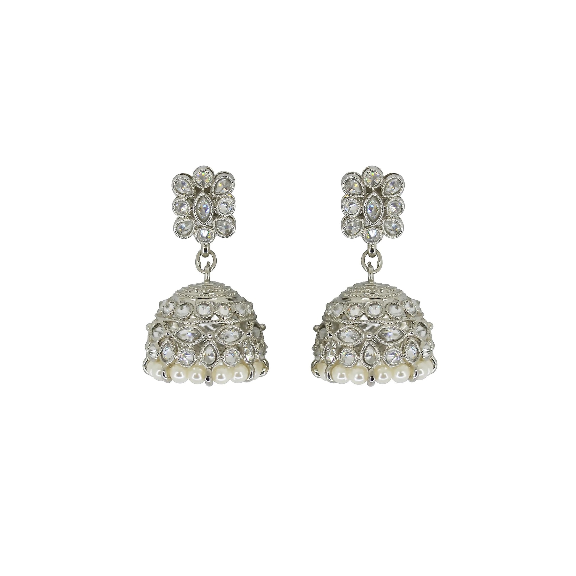 Saloni Fashion Jewellery Classy Pear and Flower Shape White Uncut Kundan Stone Silver Plated Jhumki Earring For Women and Girls