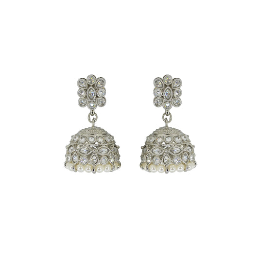 Saloni Fashion Jewellery Classy Pear and Flower Shape White Uncut Kundan Stone Silver Plated Jhumki Earring For Women and Girls