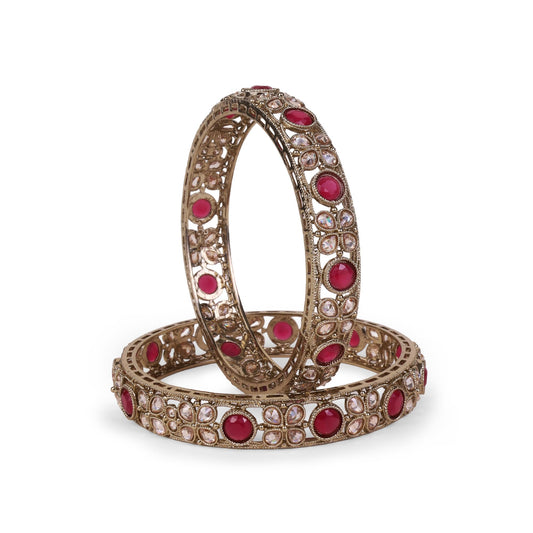 Saloni Fashion Jewellery Graceful Beads Oval Shape Stone Antique Gold Plated Set Of 2 Bangles For Women