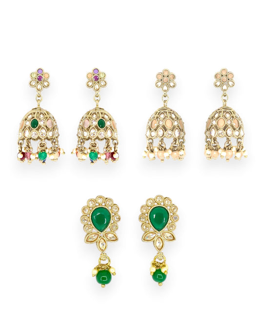 Saloni Fashion Jewellery Lavish Oval and Flower Design Kundan Siler and Antique Gold Plated Set of 3 Combo Jhumki Earring For Women and Girls