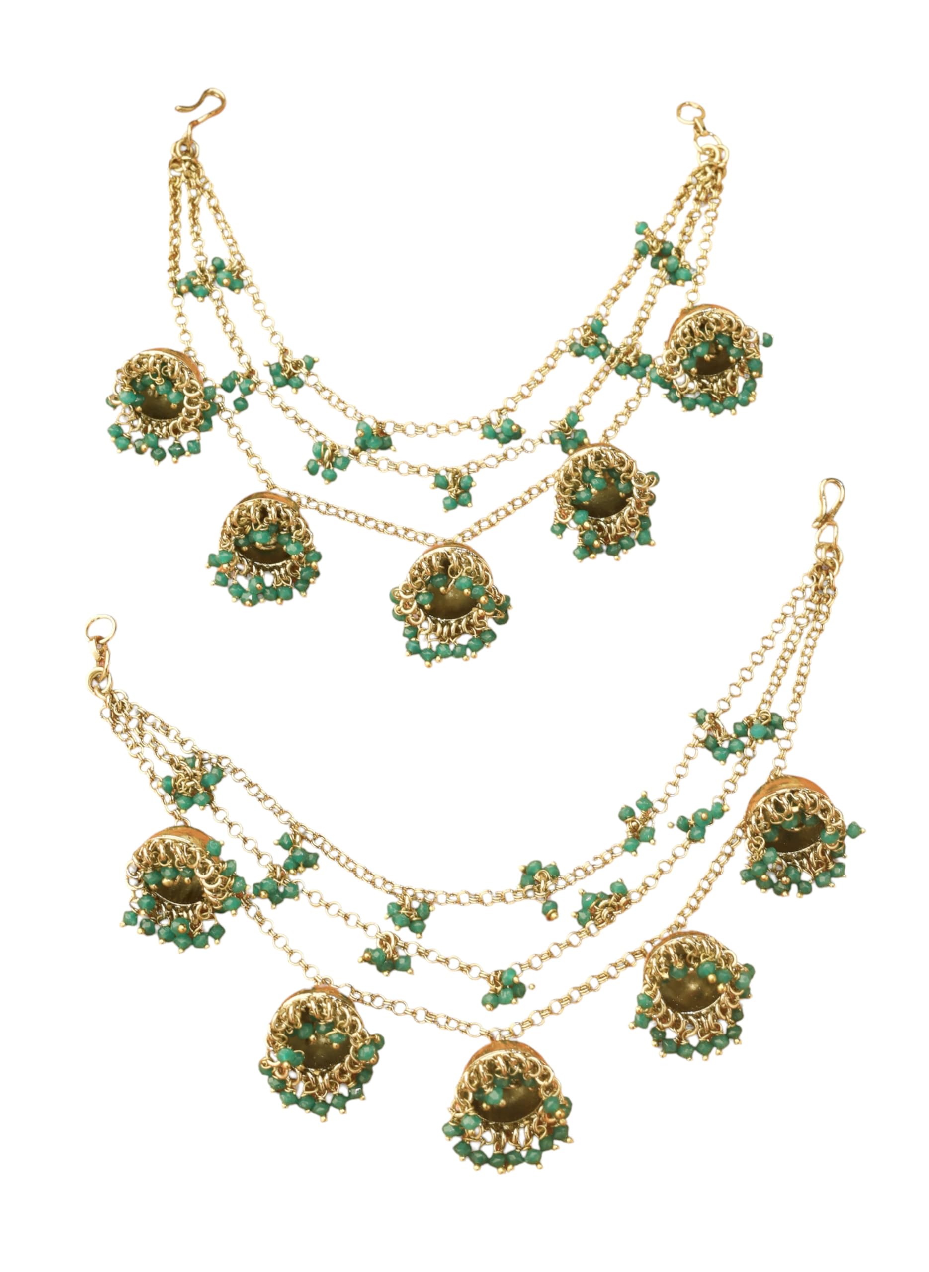 Saloni Fashion Jewellery Marvellous Latkan Jhumki 3 String Chain Green Pearl Antique Gold Plated Thread Earring Brass Kaan Chain For Women and Girls