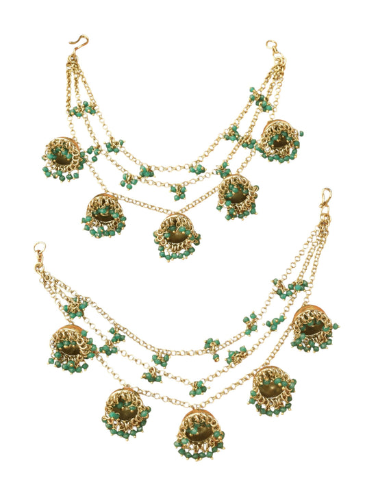 Saloni Fashion Jewellery Marvellous Latkan Jhumki 3 String Chain Green Pearl Antique Gold Plated Thread Earring Brass Kaan Chain For Women and Girls
