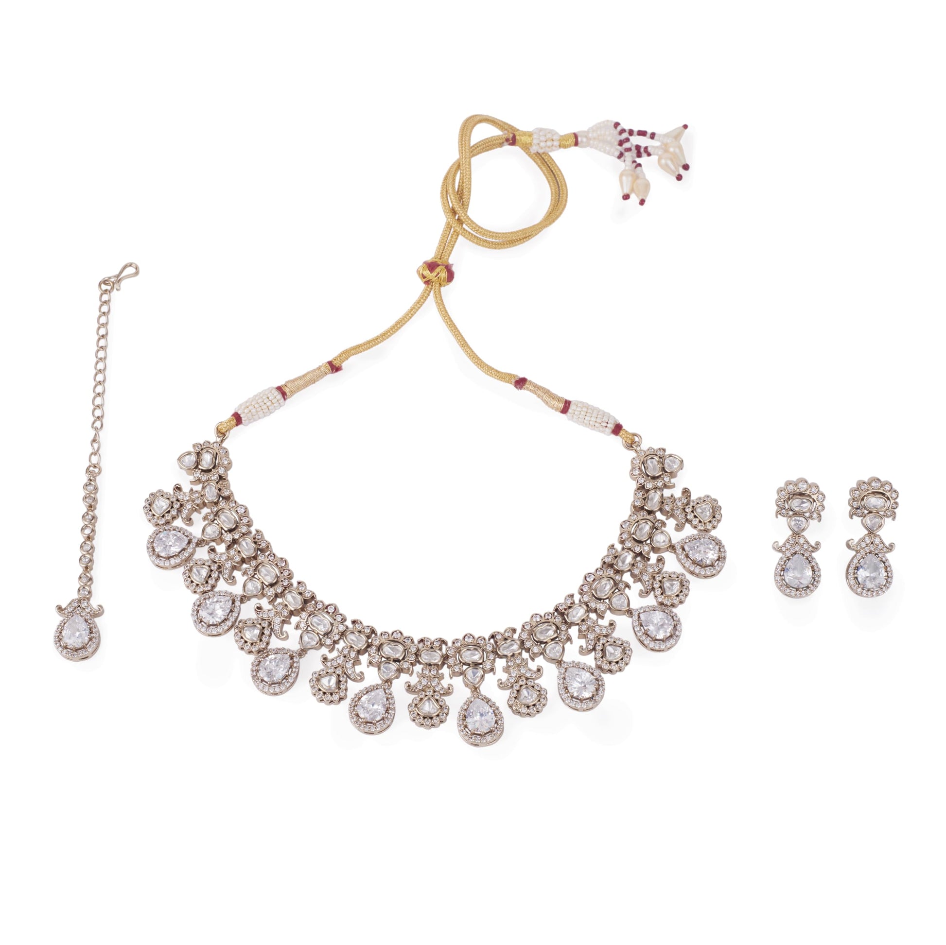 Saloni Fashion Jewellery Elegant Oval Shape Uncut Kundan Stone Gold Plated Brass Choker Necklace Set With Maang Tikka For Women and Girls