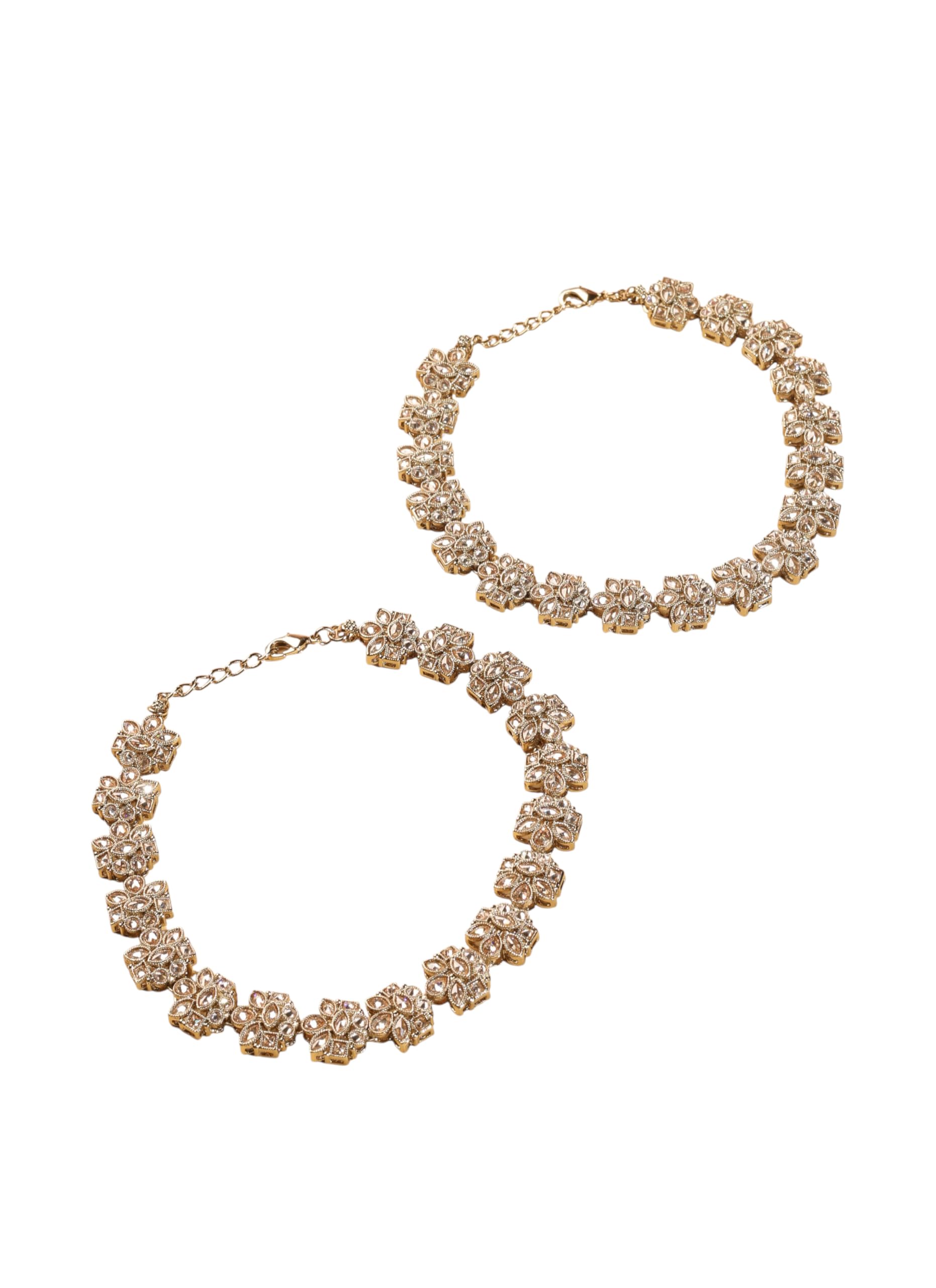 Saloni Fashion Jewellery Dazzling Flower Design Brown Kundan Stone Antique Gold Plated Set of 2 Anklet(Payal) For Women and Girls