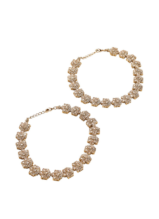 Saloni Fashion Jewellery Dazzling Flower Design Brown Kundan Stone Antique Gold Plated Set of 2 Anklet(Payal) For Women and Girls