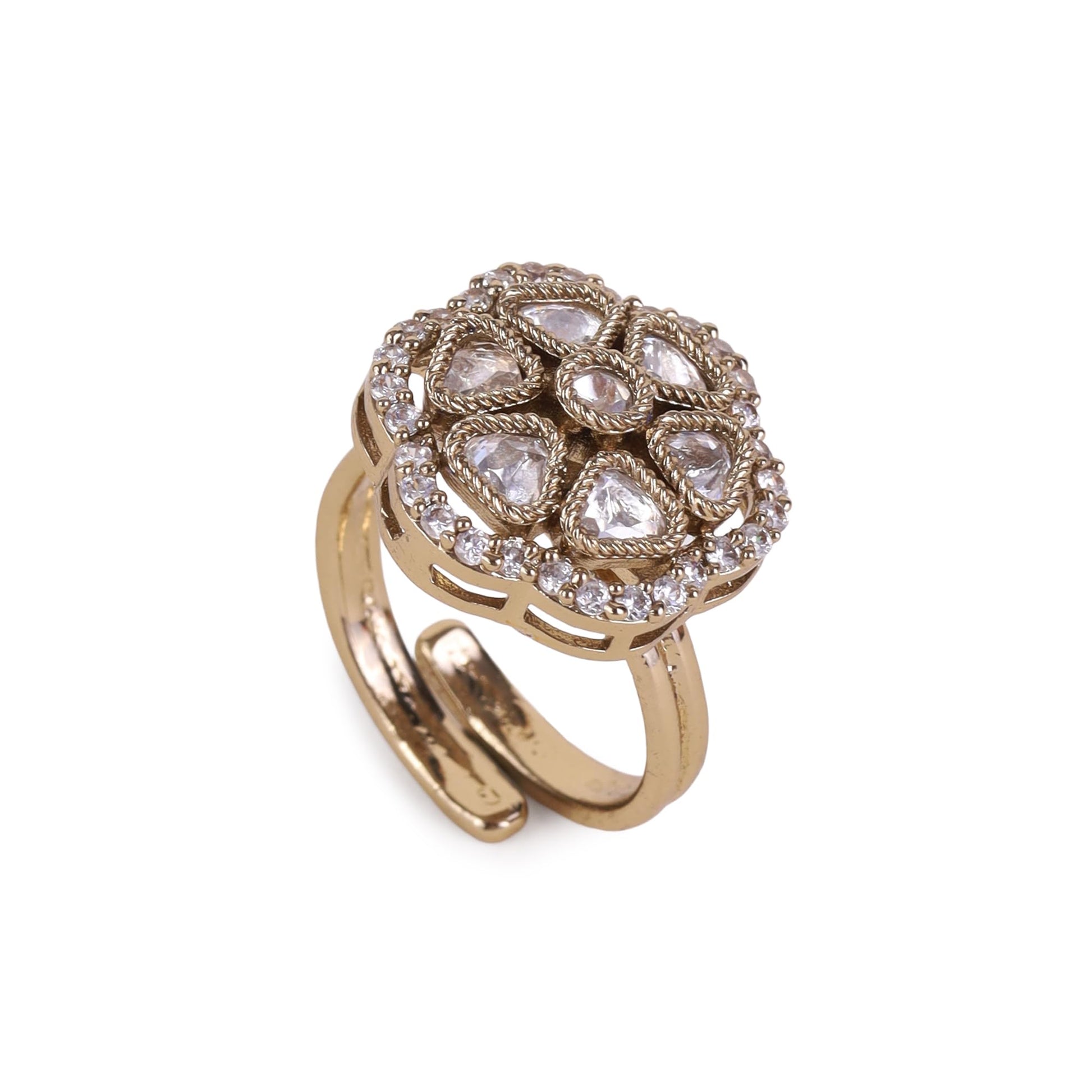 Saloni Fashion Jewellery Flower Design White Stone Gold Plated Brass Adjustable Finger Ring For Women