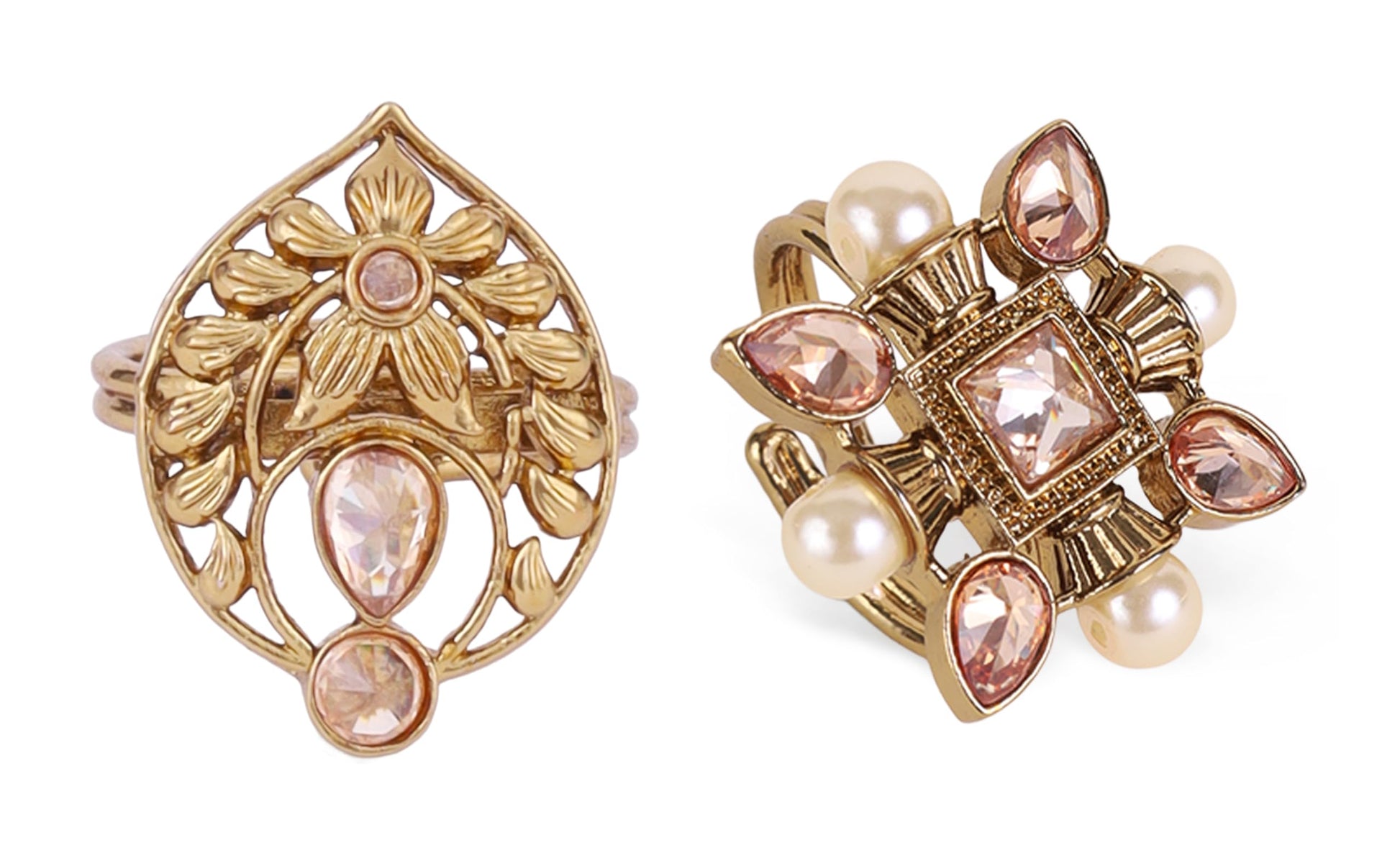 Saloni Fashion Jewellery Superb Flower and Oval Shape Gold Plated Set of 2 Combo Adjustable Finger Ring For Women