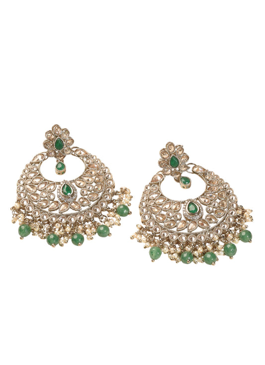 Saloni Fashion Jewellery Stylish Chandelier Shape Green Kundan Stone Antique Gold Plated Chandelier Earring For Women and Girls
