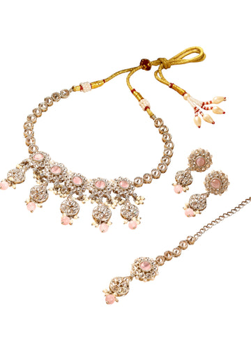 Saloni Fashion Jewellery Modern Flower and Round Shape Pink Kundan Stone Antique Gold Plated Choker Necklace Set with Maang Tikka For Women and Girls