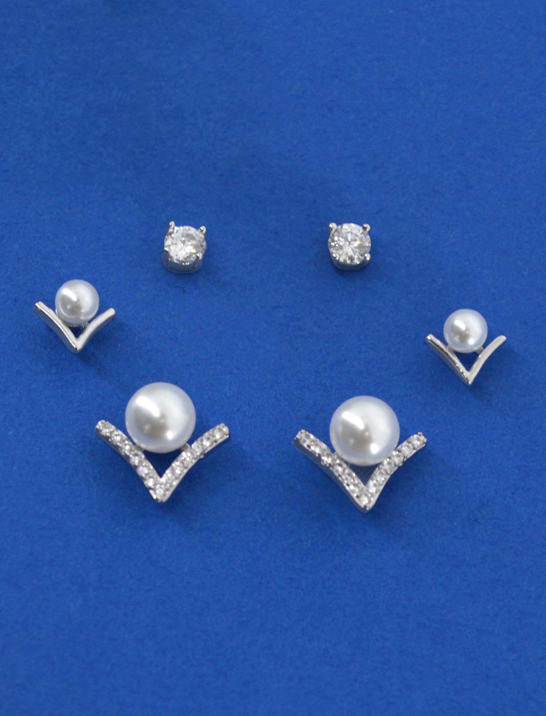 Saloni Fashion Jewellery Royal "V" Shape Pearl Brass Silver Plated Set of 3 Combo Stud Earring For Women and Girls