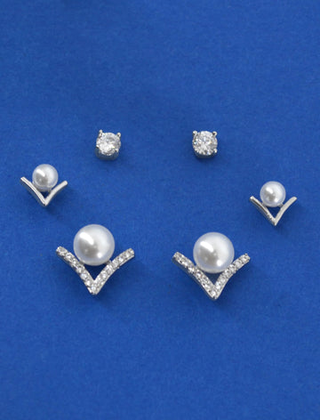 Saloni Fashion Jewellery Royal "V" Shape Pearl Brass Silver Plated Set of 3 Combo Stud Earring For Women and Girls