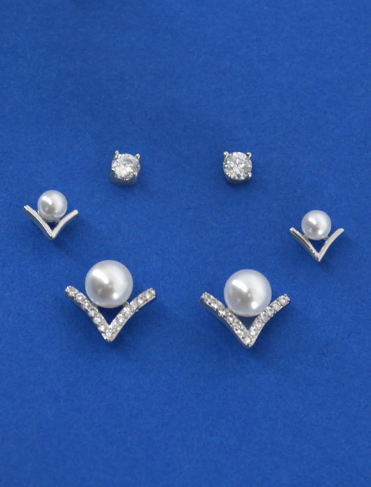 Saloni Fashion Jewellery Royal "V" Shape Pearl Brass Silver Plated Set of 3 Combo Stud Earring For Women and Girls