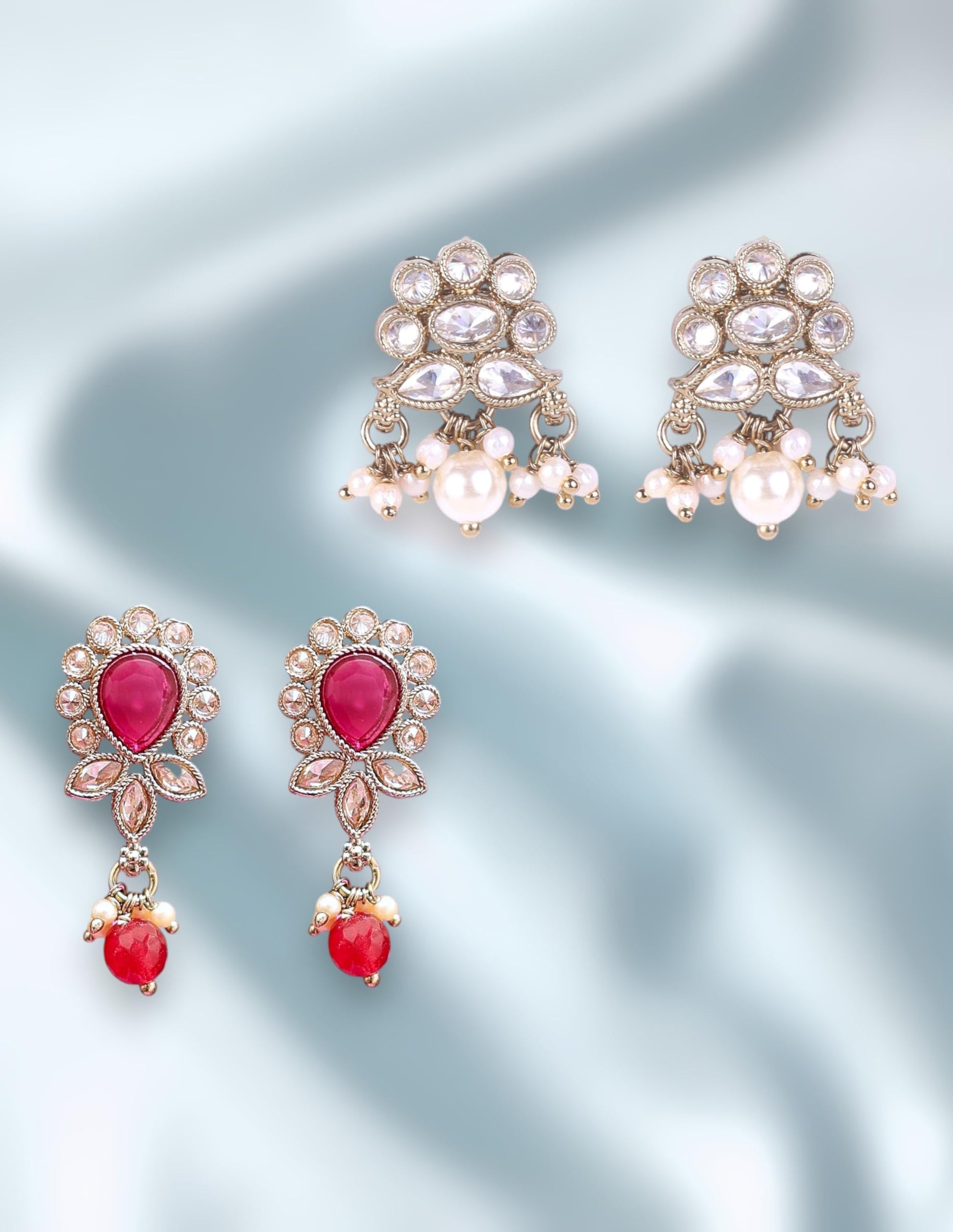 Saloni Fashion Jewellery Eye-Catchy Flower and Oval Shape Kundan Siler and Antique Gold Plated Set of 2 Combo Dangle Earring For Women and Girls