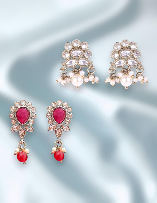 Saloni Fashion Jewellery Eye-Catchy Flower and Oval Shape Kundan Siler and Antique Gold Plated Set of 2 Combo Dangle Earring For Women and Girls