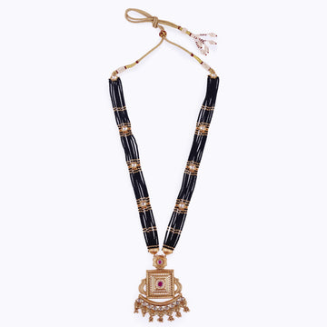 Saloni Fashion Jewellery Traditional Flower and Square Shape Black Bead Gold Plated Long Bead Chain Mangalsutra For Women