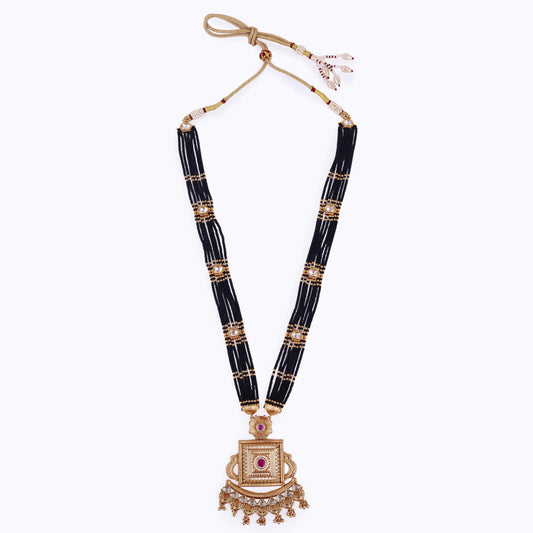 Saloni Fashion Jewellery Traditional Flower and Square Shape Black Bead Gold Plated Long Bead Chain Mangalsutra For Women