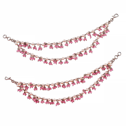 Saloni Fashion Jewellery Astonish Mother of Pearl Pink 2 String Antique Gold Plated Set Of 2 Brass Ear-Chain (Kaanchain) For Women and Girls