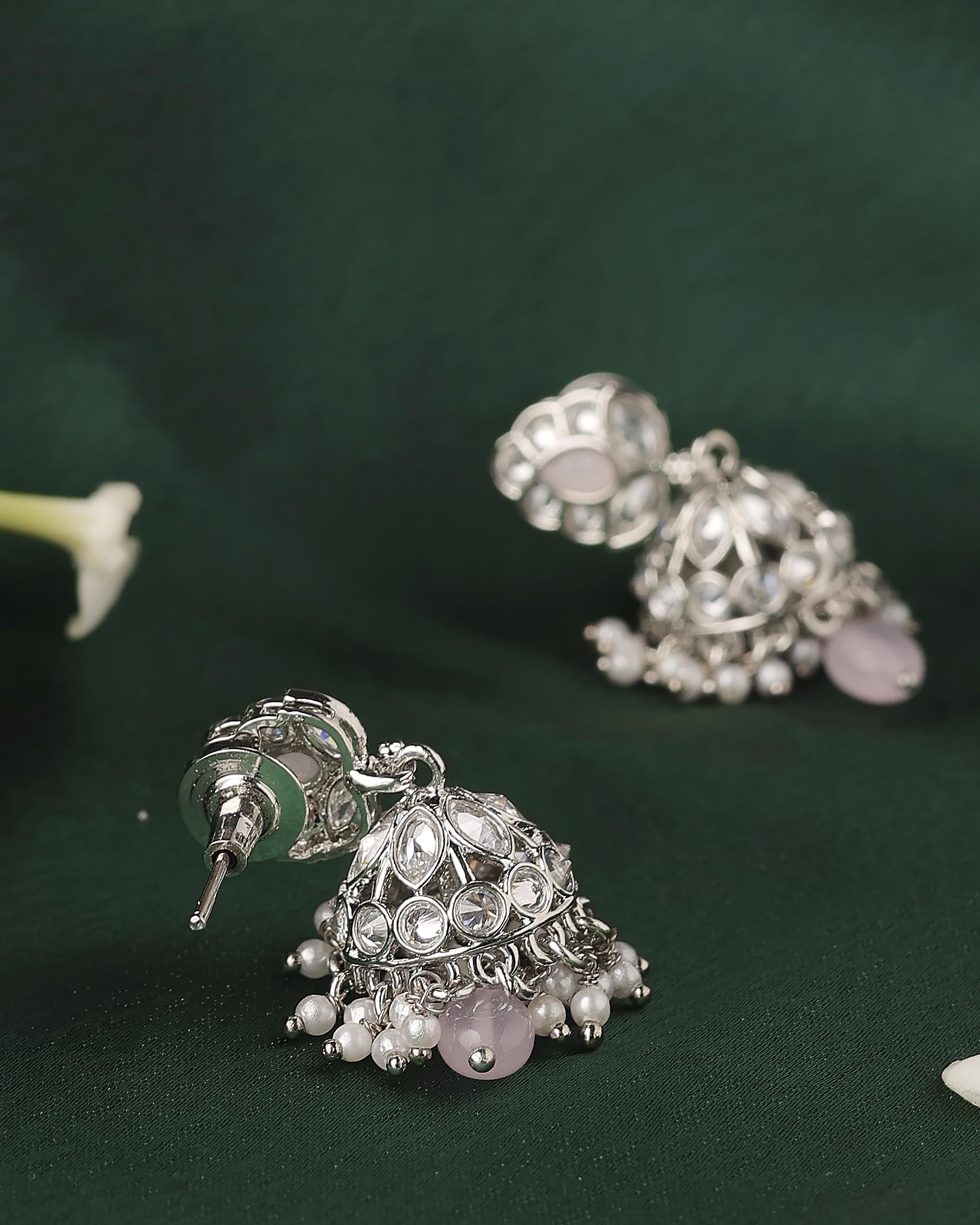 Saloni Fashion Jewellery Modish Leaf and Pear Shape Silver Plated Pink Kundan Stone Brass Jhumki Earring For Women and Girls