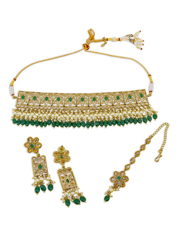 Saloni Fashion Jewellery Glamorous Flower Design Green Uncut Kundan Gold Plated Collar Necklace Set with Maangtikka For Women and Girls
