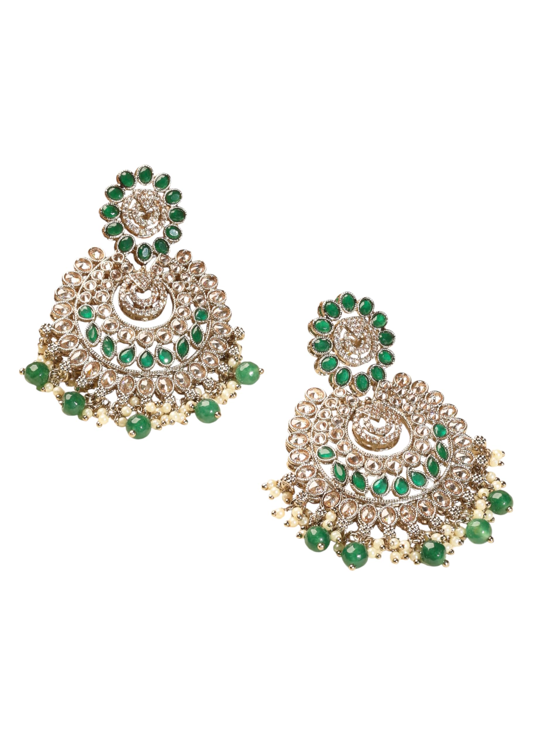 Saloni Fashion Jewellery Lavish Chandelier and Circle Shape Green Kundan Stone Antique Gold Plated Chandelier Earring For Women and Girls