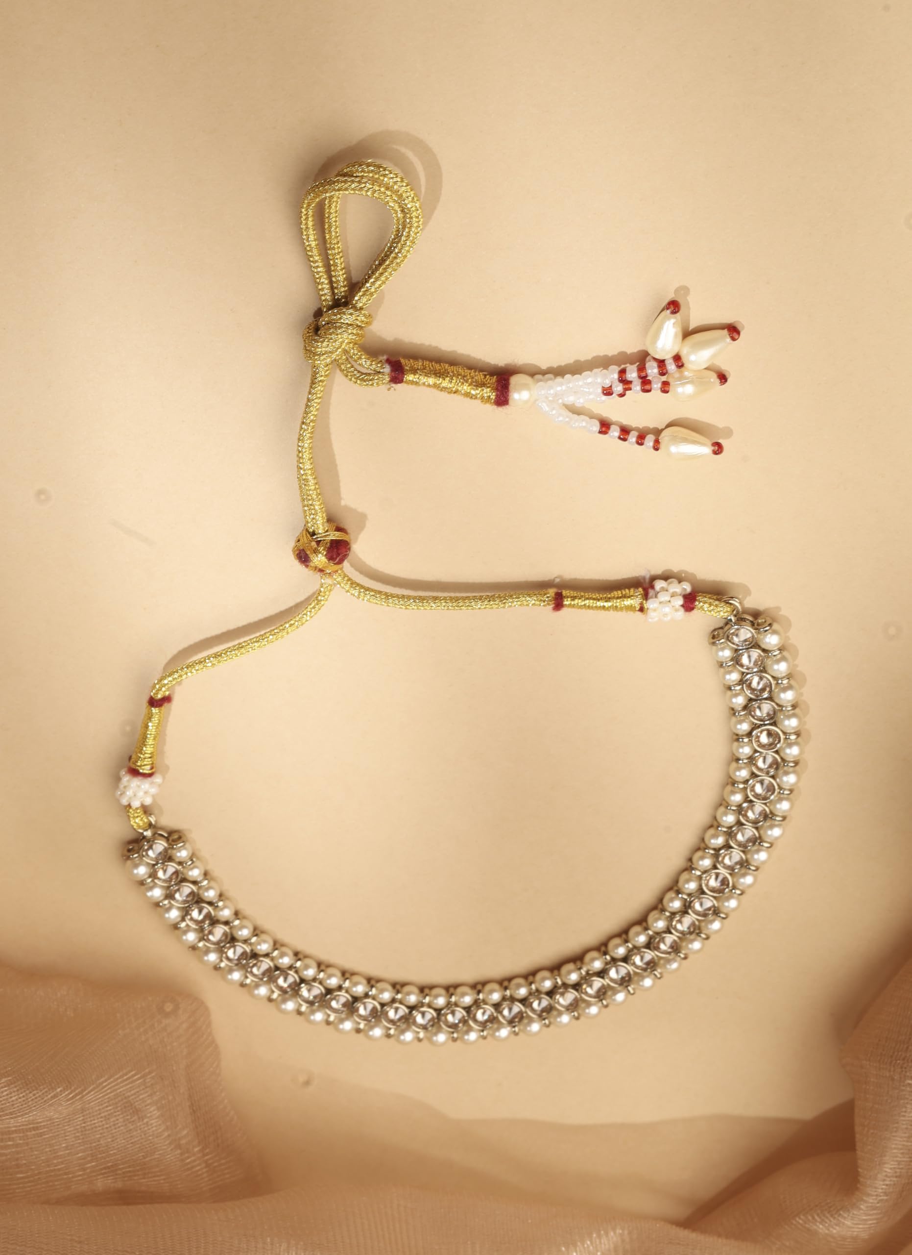Saloni Fashion Jewellery Lavish Flower and Round Shape Brown Kundan Pearl Antique Gold Plated Choker Necklace With Maang Tikka For Women and Girls