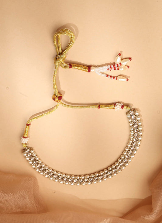 Saloni Fashion Jewellery Lavish Flower and Round Shape Brown Kundan Pearl Antique Gold Plated Choker Necklace With Maang Tikka For Women and Girls