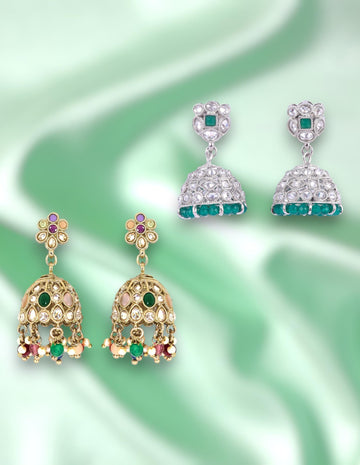 Saloni Fashion Jewellery Exotic Flower Design Kundan Siler and Antique Gold Plated Set of 2 Combo Jhumki Earring For Women and Girls