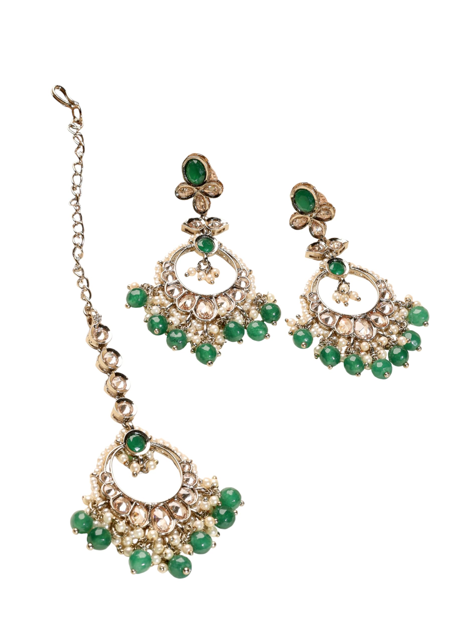 Saloni Fashion Jewellery Inspired Circle and Leaf Shape Green Pearl Brown Kundan Stone Antique Gold Plated Brass Chandelier Earring With Maang Tikka For Women and Girls