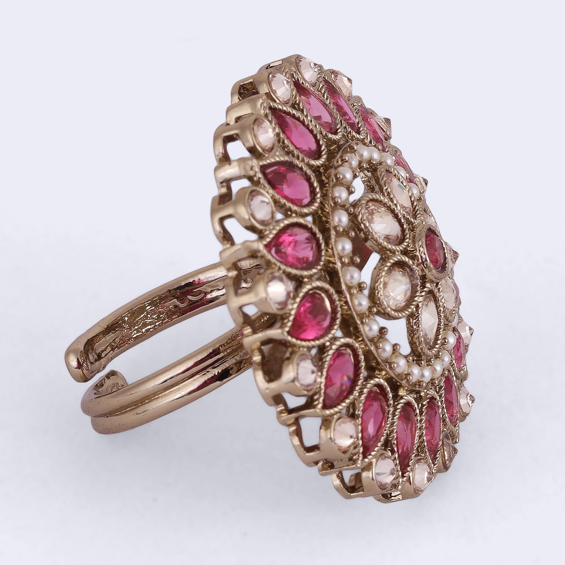 Saloni Fashion Jewellery Royal Flower and Oval Shape Gold Plated Adjustable Finger Ring For Women