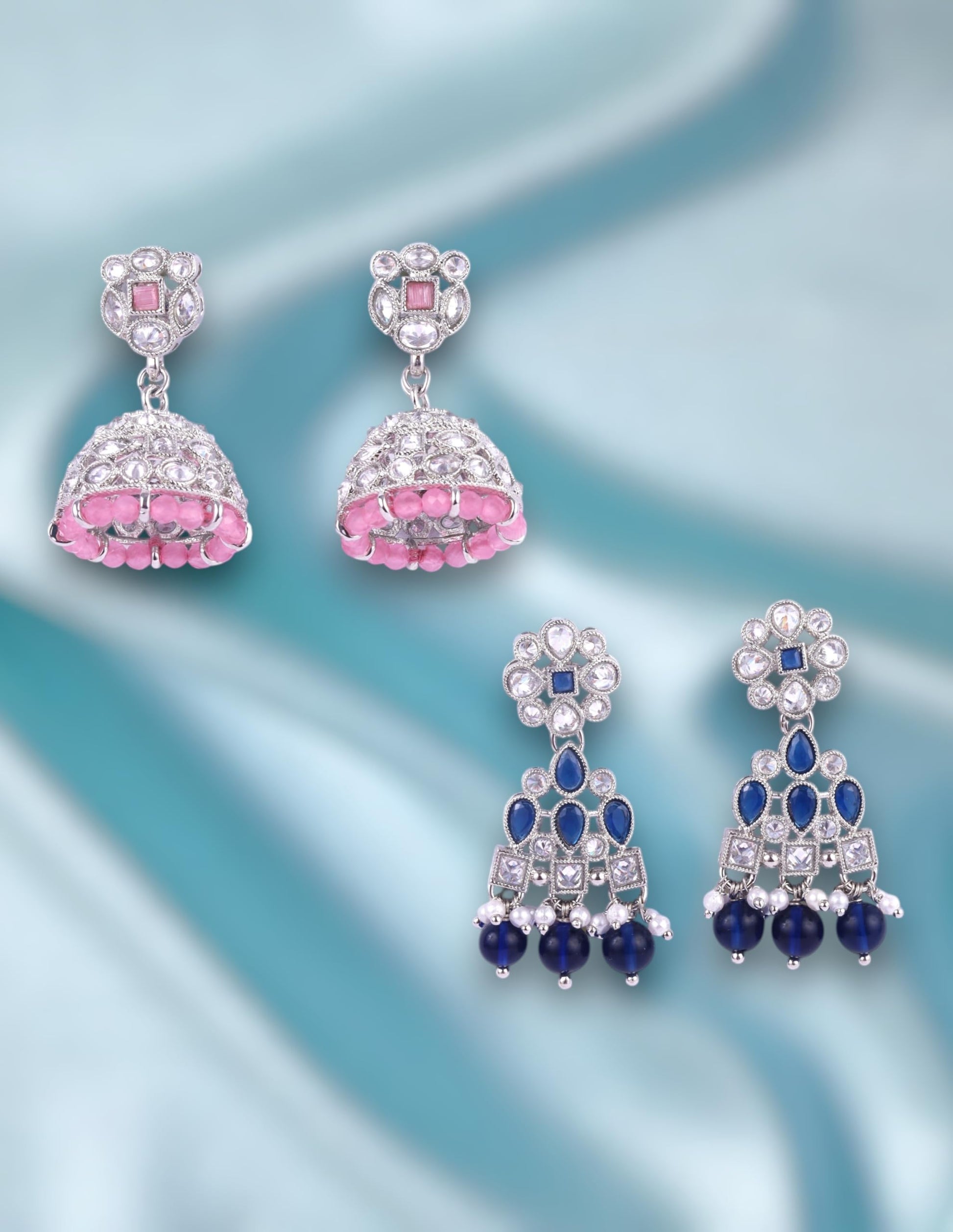 Saloni Fashion Jewellery Flowing Flower Design Kundan Silver Plated Set of 2 Combo Jhumki Earring For Women and Girls