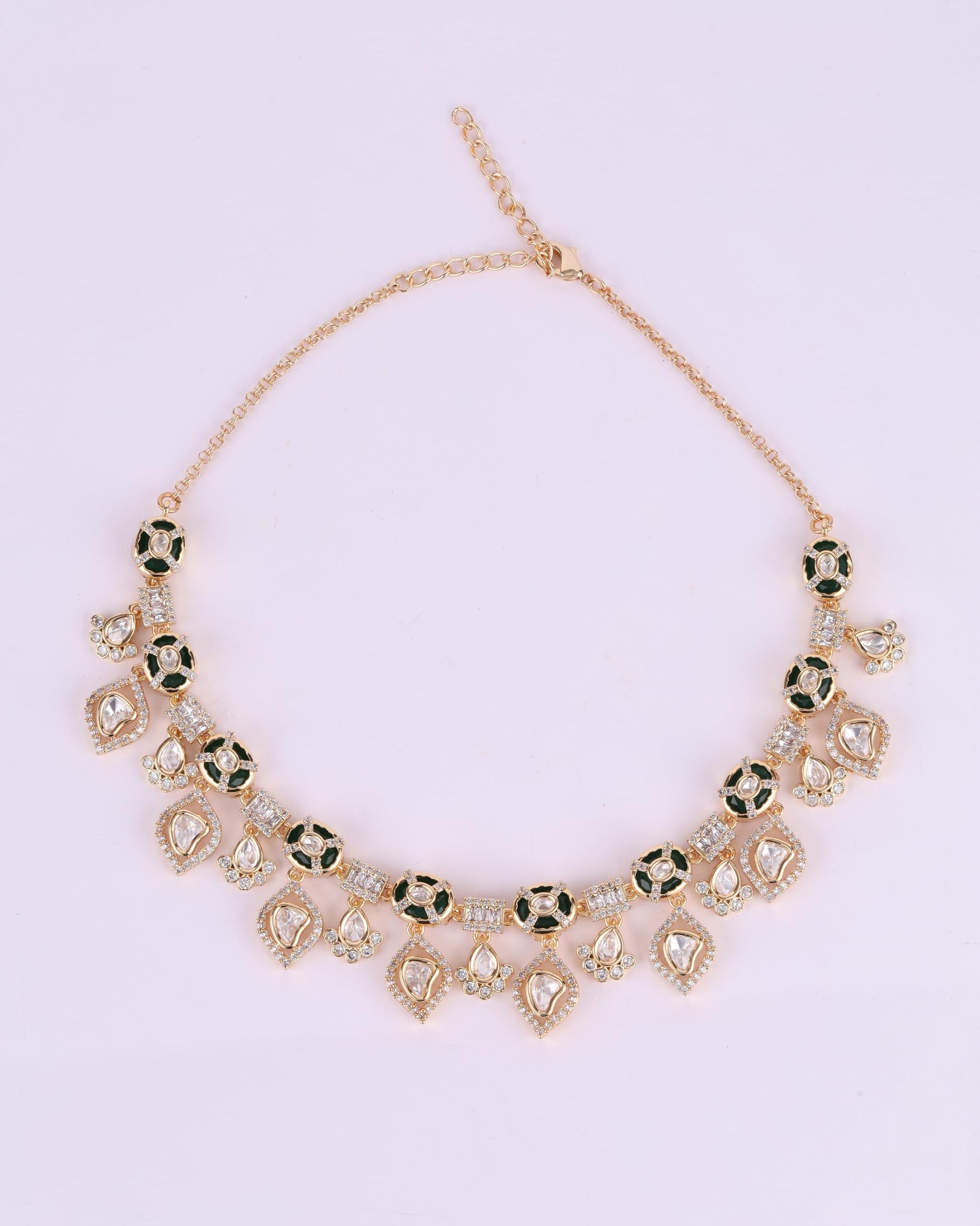Saloni Fashion Jewellery Modish Round and Square Shape CZ Studded Uncut Kundan Stone Rose Gold Plated Brass Choker Necklace Set with Maang Tikkka For Women and Girls