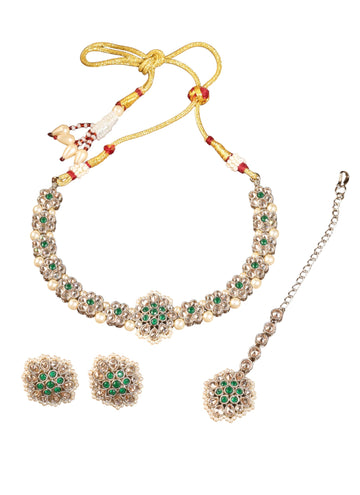 Saloni Fashion Jewellery Pretty Flower Shape Pearl Green Kundan Stone Antique Gold Plated Choker Necklace Set with Maang Tikka For Women and Girls